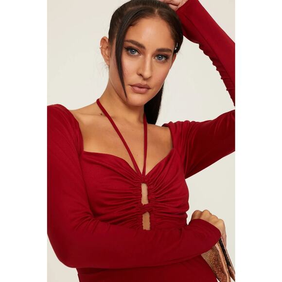 Hutch Cutout Tie Neck Sheath Midi Dress in Red Size 8 - Picture 4 of 9